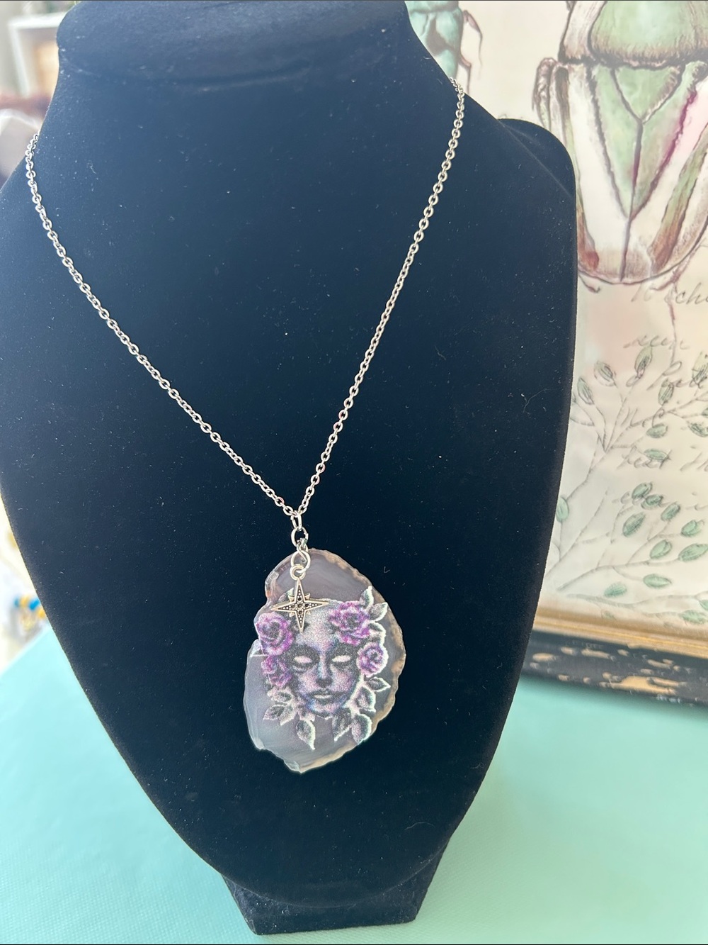 Moss Agate with Floral Goddess Pendant 2.25”x 1.5” On Stainless Steel Chain New